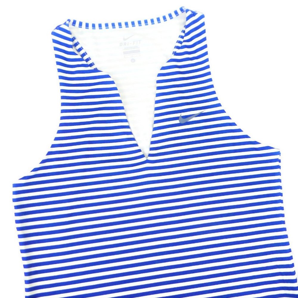 Nike Dri-Fit Tank Fitted Blue White Stripe 80s Racer Back Gray Swoosh M